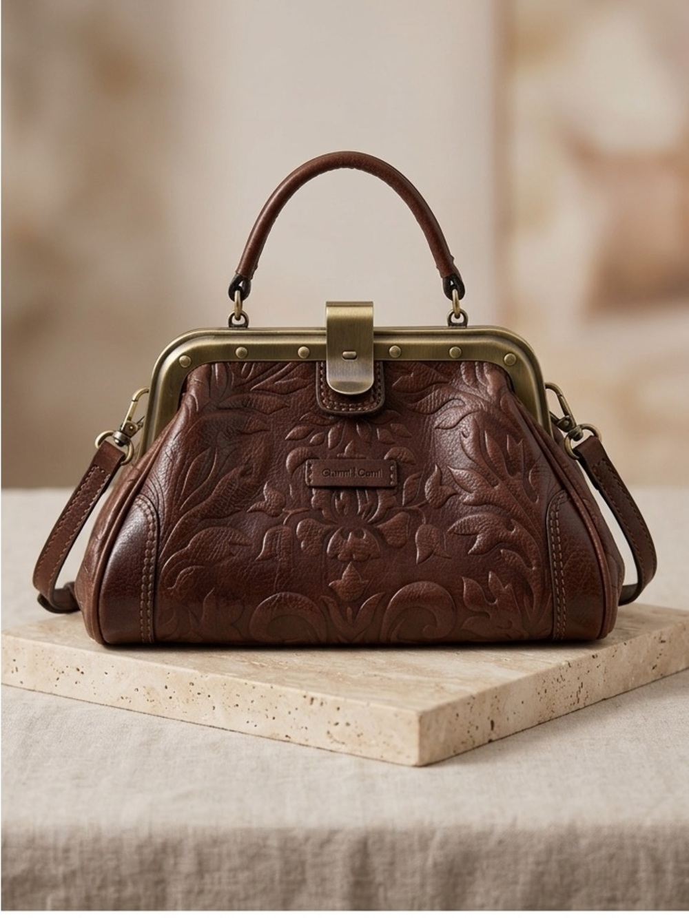 Gianni Conti Genuine Leather Embossed Frame Crossbody Bag Italian Brown